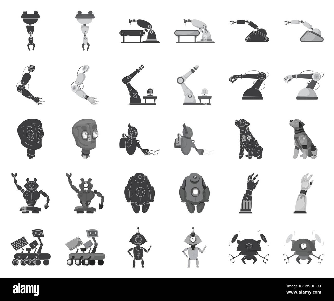 Braccio,testa,vuoto,dog,alien,Marte,humanoid,mano,occhi,APPARECCHIO,,artificiale beatle,rover,i bambini,tech,laser,faccia,l'intelligenza,animale,veicolo,grandi,nasa,futuro,produzione,,cavo tappeto,digital,robot,factory,automatizzato,spazio,personaggio,cyber,macchina,cyborg,technology,computer,segno,impostare,raccolta,vettore,icona,web,logo,immagine,design,isolato,il simbolo,Black,monocromatico, colori vettori vettore , Illustrazione Vettoriale