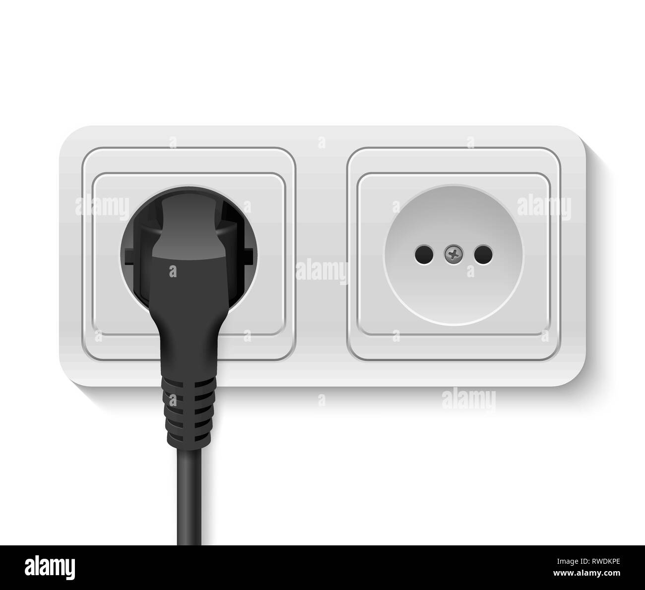 Vettore realistica 3d nero spina inserita in una presa di corrente a muro Icona Closeup isolati su sfondo bianco. Modello di progetto di Plug in linee elettriche Illustrazione Vettoriale
