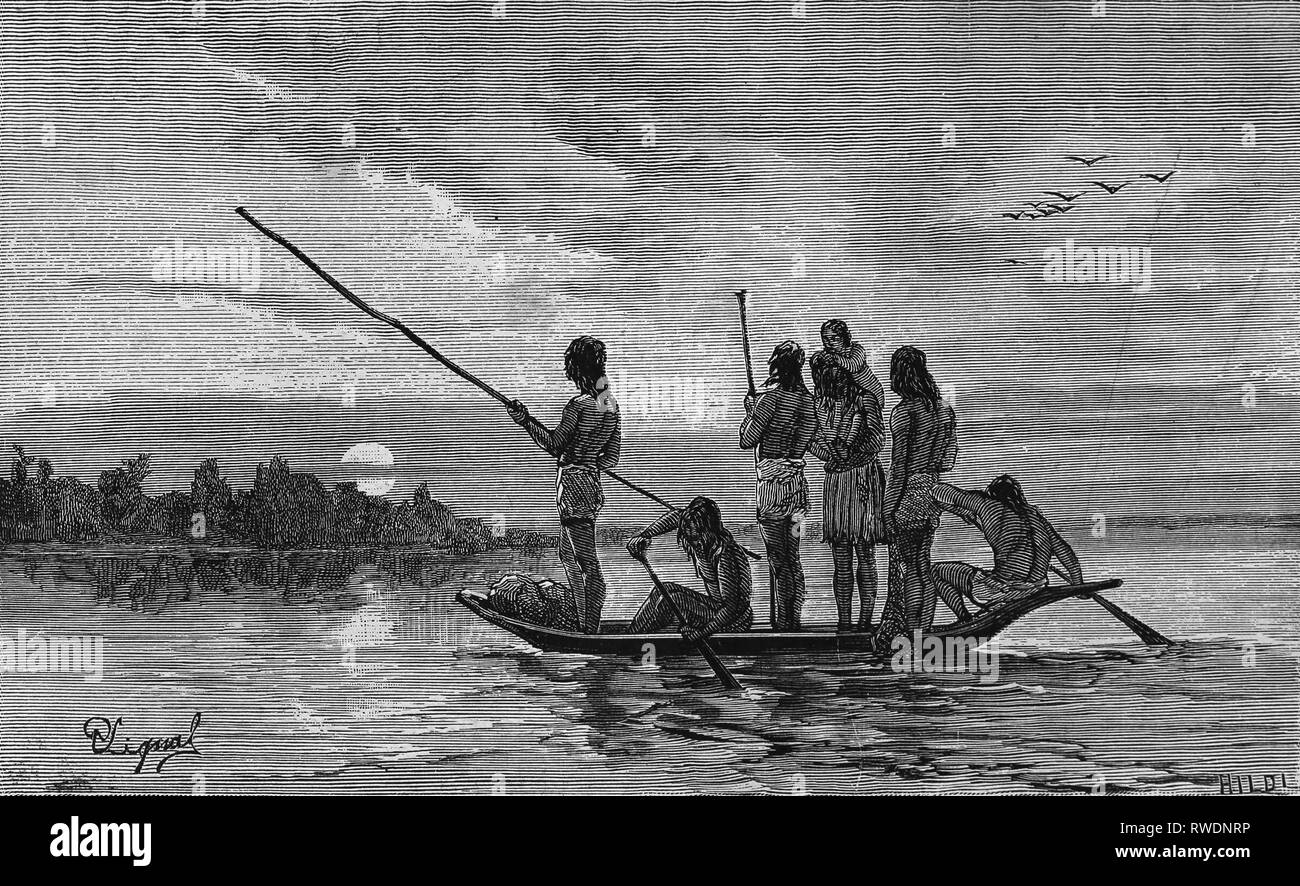 America. Ecuador. Indian sunos attraversando il fiume Napo in canoa. Amazzonia. Incisione, 1879-1882. Viaggio a Rio delle Amazzoni e la mountai Foto Stock