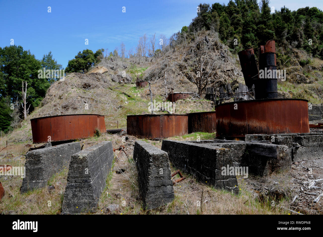 La soluzione di cianuro di serbatoi per l'elaborazione d'oro presso la batteria nevoso sul fiume nevoso vicino Waiuta città fantasma, Westland, Isola del Sud, Nuova Zelanda Foto Stock