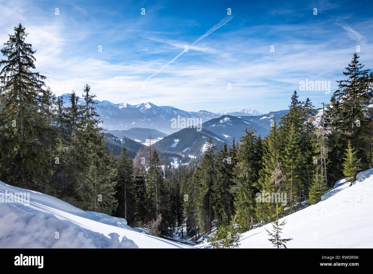 Vista panoramica sulla foresta sul altopiano innevato Kaiserau a monti Tauri Rottenmanner e Dachstein su un soleggiato winterday in Stiria, Austria Foto Stock