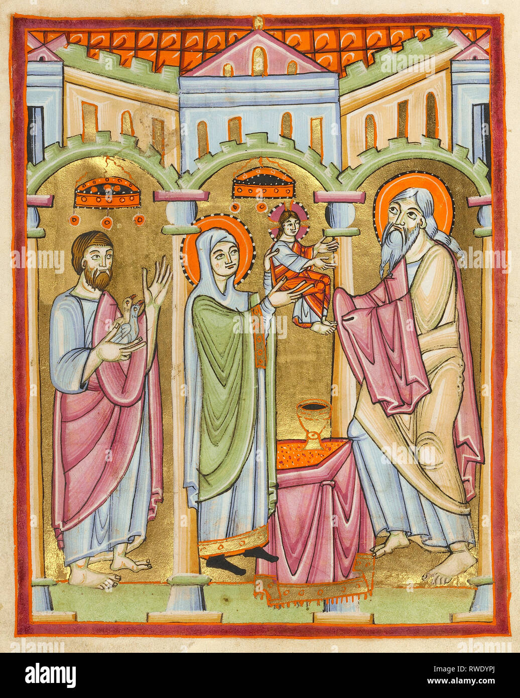 La presentazione al tempio; sconosciuta; Regensburg, Baviera, Germania; circa 1030 - 1040; tempere, foglia oro e inchiostro su pergamena; ima digitale Foto Stock