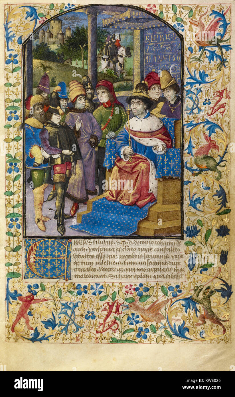 Il re francese a Corte; sconosciuta; Francia; circa 1460 - 1470; tempere, foglia oro, oro vernice, e inchiostro su pergamena; immagine digitale di cortesia Foto Stock