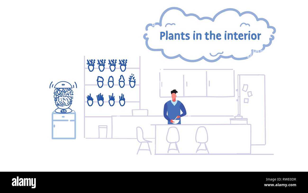 L'uomo preparare il cibo moderno sala da pranzo cucina interno con piante sulla parete cartoon maschio personaggio ritratto schizzo flusso orizzontale di stile Illustrazione Vettoriale