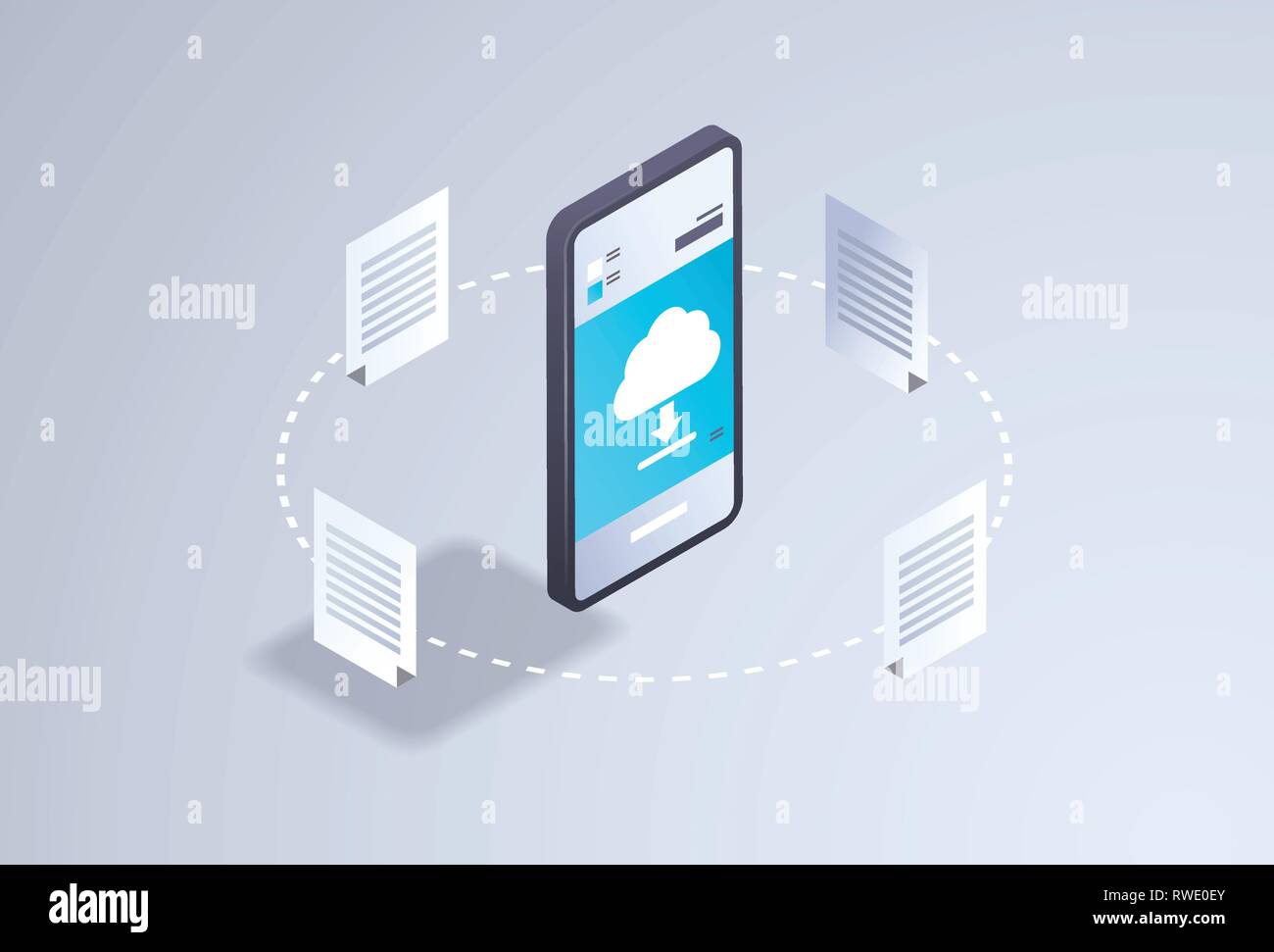 Download online applicazione mobile computing cloud concetto di sincronizzazione sincronizzazione di rete di archiviazione del documento 3D isometrica lo schermo dello smartphone in orizzontale Illustrazione Vettoriale
