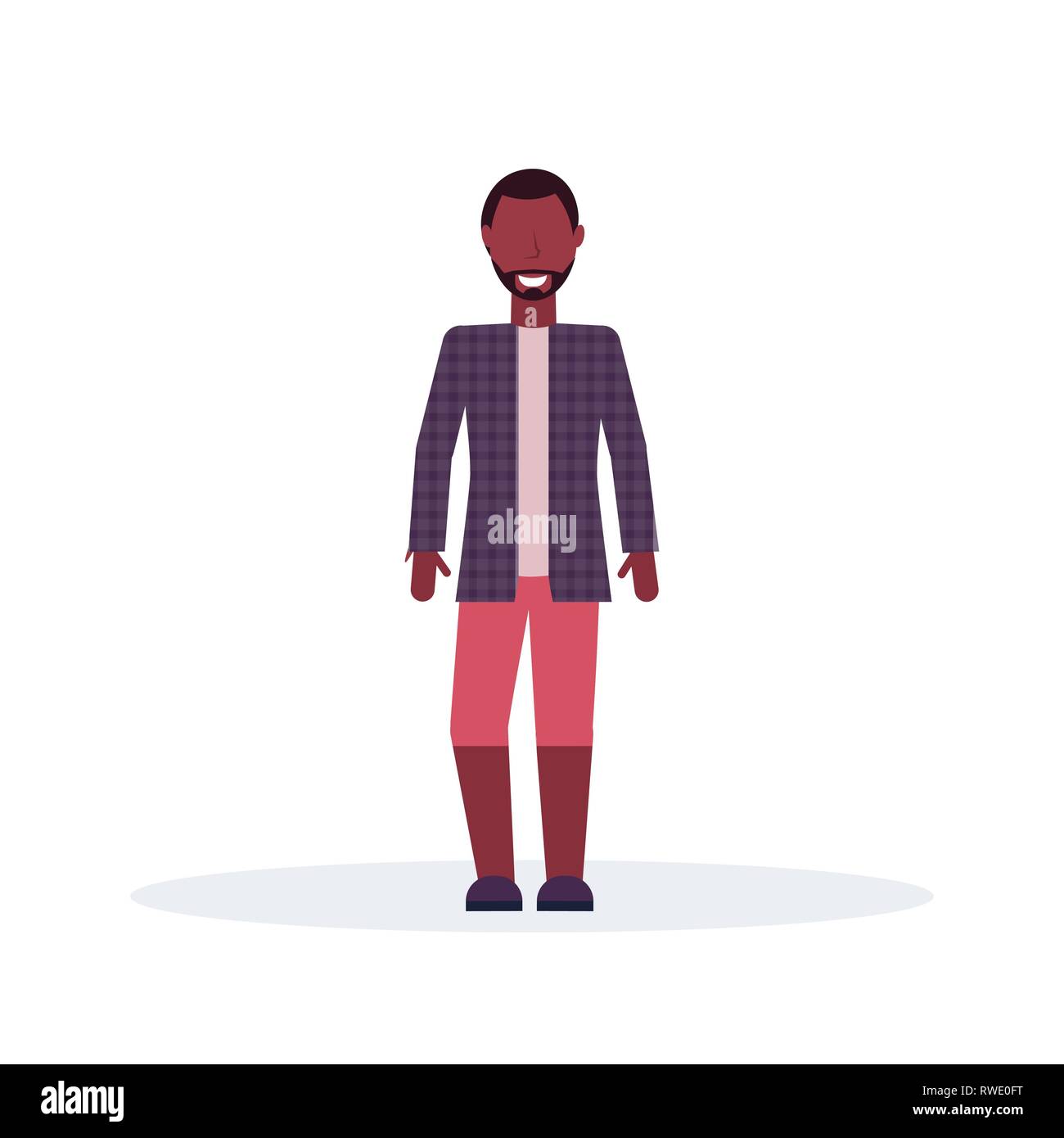 Casual African American man standing posa indossando vestiti alla moda maschile personaggio dei cartoni animati a lunghezza piena isolati piatta Illustrazione Vettoriale