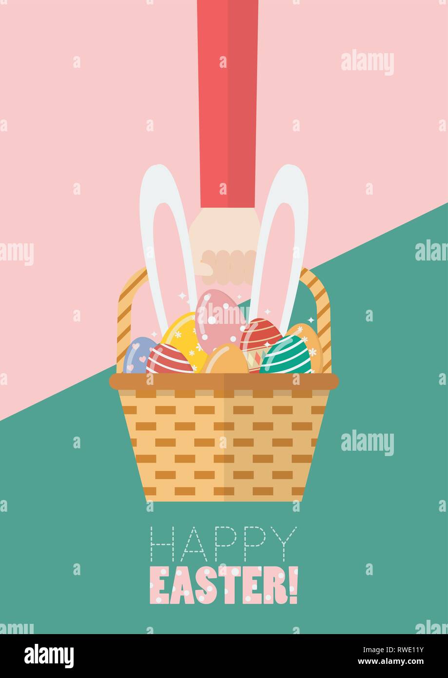 Mano che regge un cesto pieno di uova di pasqua e orecchie di coniglietto. Biglietto di auguri illustrazione vettoriale Illustrazione Vettoriale