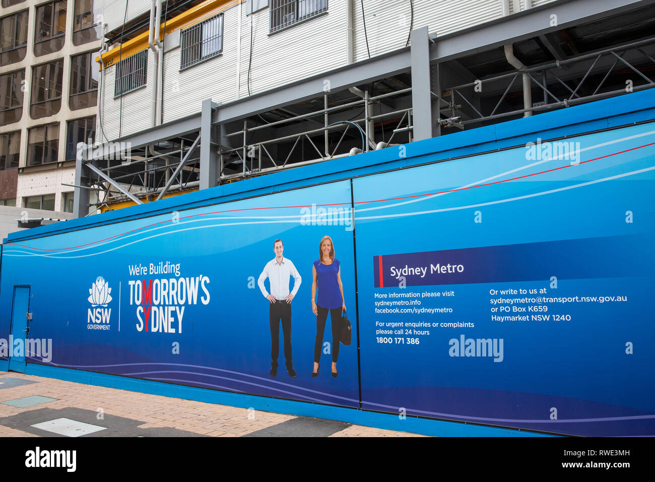 Sydney Metro progetto ferroviario, Bligh street sito in costruzione nel centro di Sydney, Nuovo Galles del Sud, Australia Foto Stock