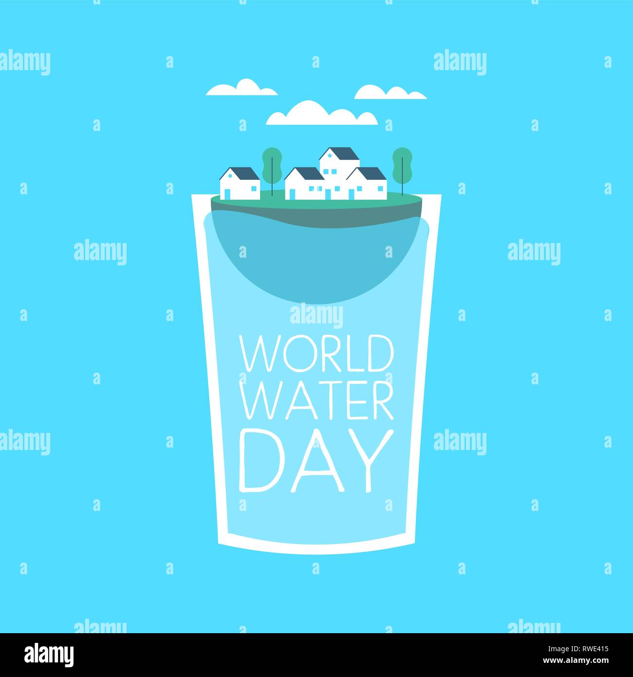 Giornata mondiale dell'acqua illustrazione per il cambiamento climatico e l'ambiente il concetto di cura. Piccola città fluttuante all'interno di bicchiere. Illustrazione Vettoriale