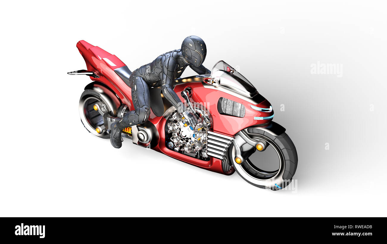 Biker ragazza con casco a cavallo di un sci-fi bike, donna su rosso motocicletta avveniristica isolati su sfondo bianco, vista dall'alto, rendering 3D Foto Stock