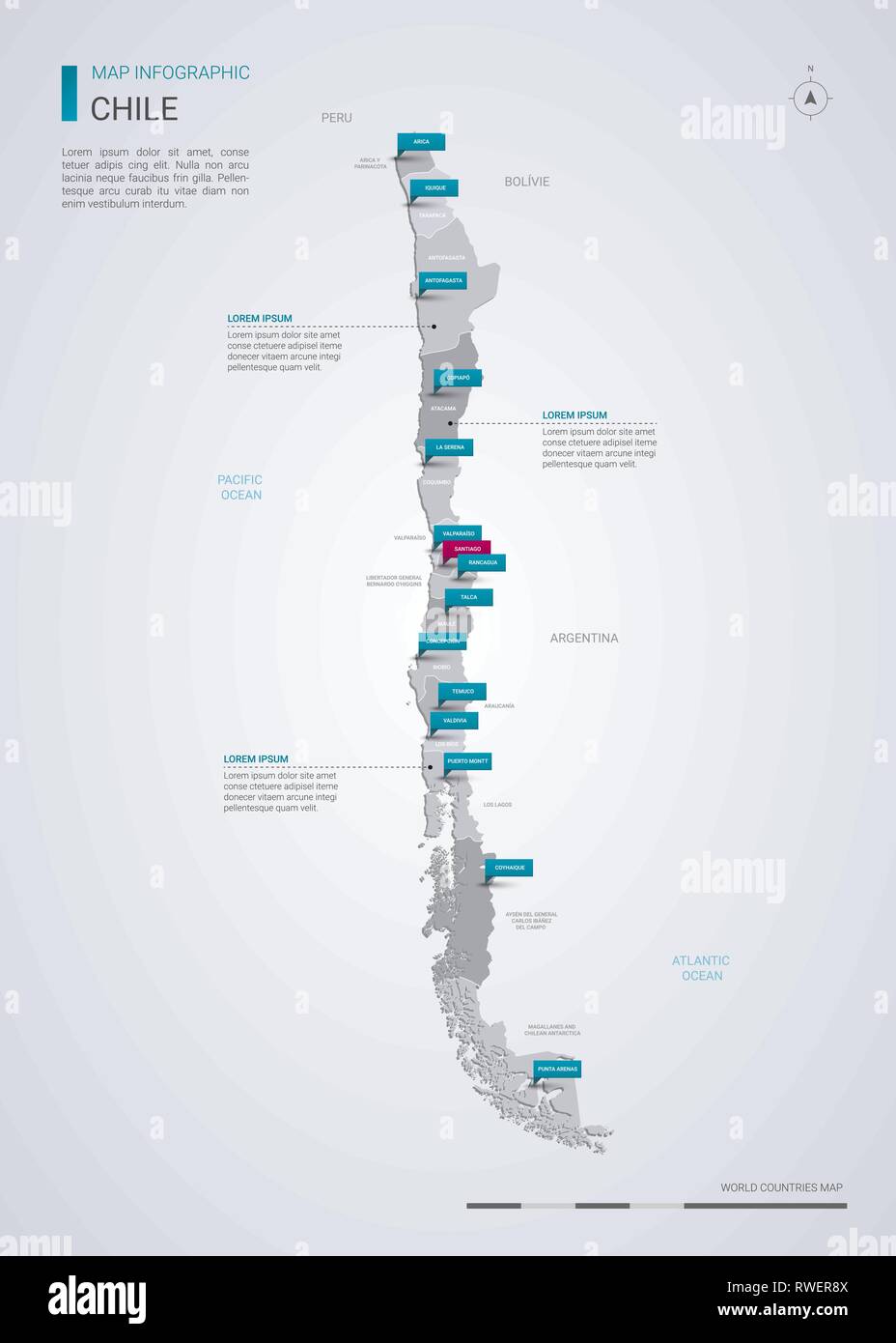Il Cile mappa vettoriale con elementi infografico, segni di puntatore. Modello modificabile con regioni, città e capitale Santiago. Illustrazione Vettoriale