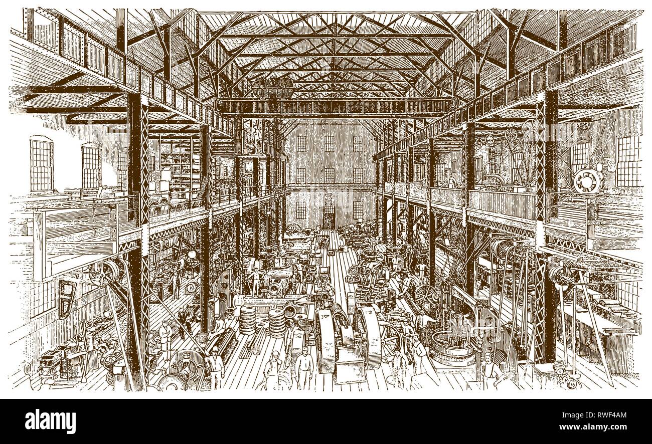 Vista interna di una macchina storica bottega di un edificio in fabbrica con macchinari e lavoratori (dopo una incisione o incisione da XIX secolo) Illustrazione Vettoriale