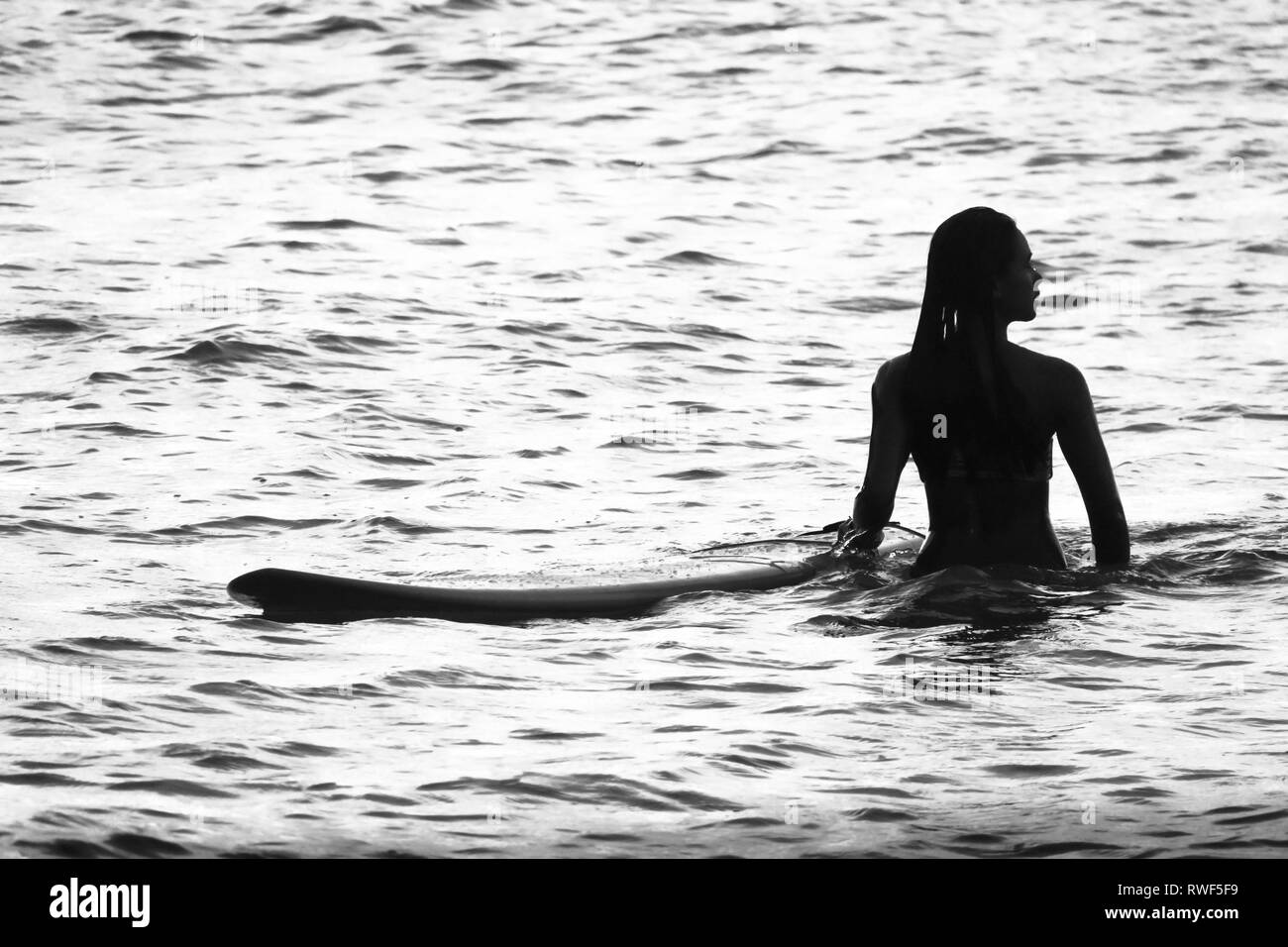 Isola Surfer Girl in attesa in acqua con la tavola da surf, Cloud 9 - Siargao, Filippine Foto Stock
