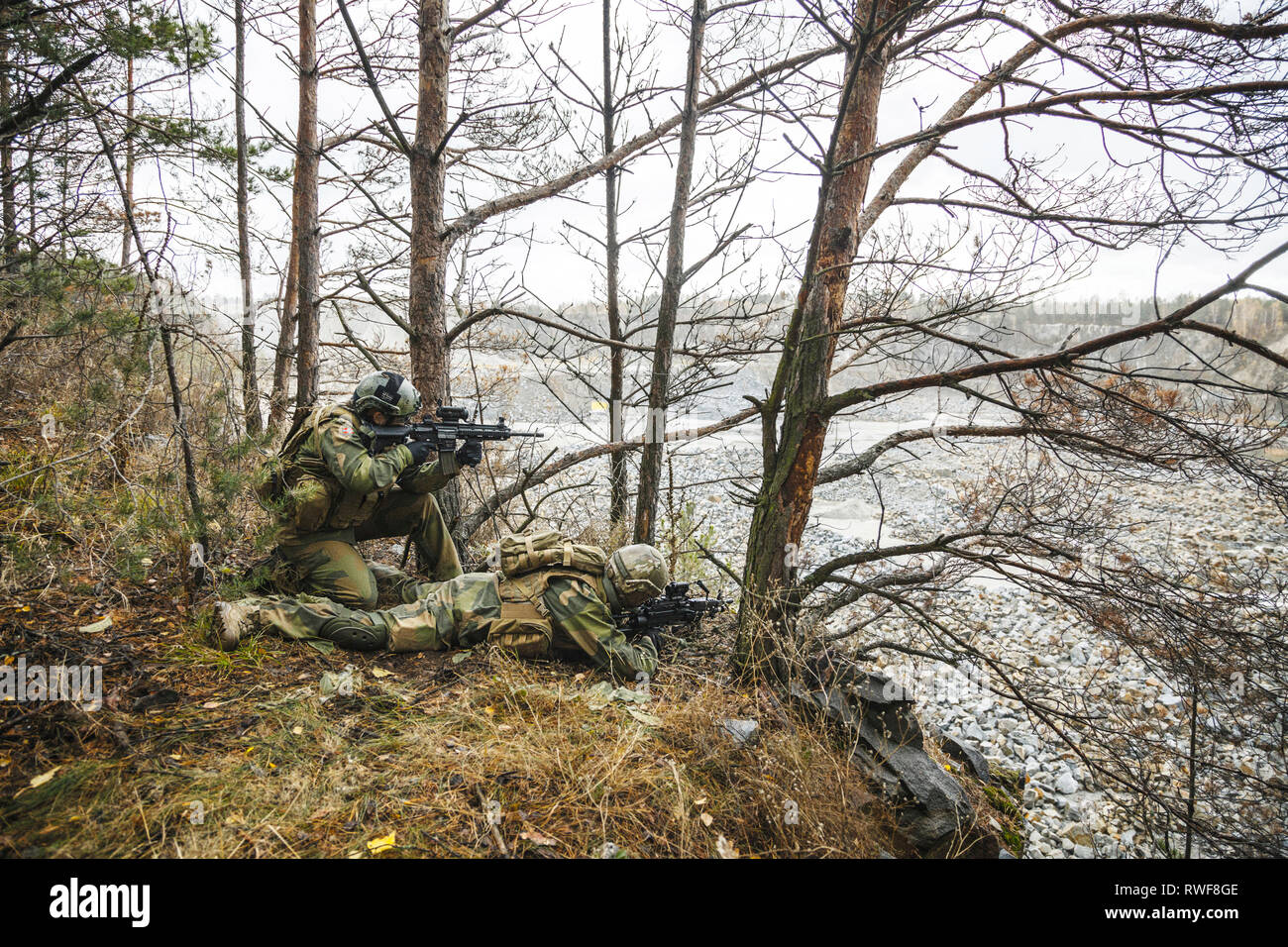Norwegian rapida reazione delle forze speciali militari FSK scouting nella foresta di alberi. Foto Stock