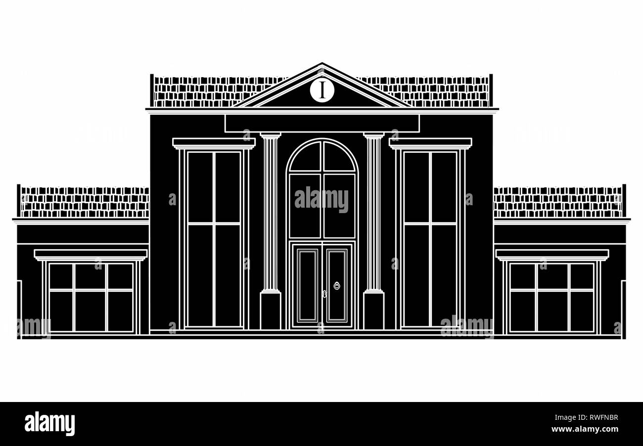 Facciata classica house. Riempimento nero. Illustrazione Vettoriale