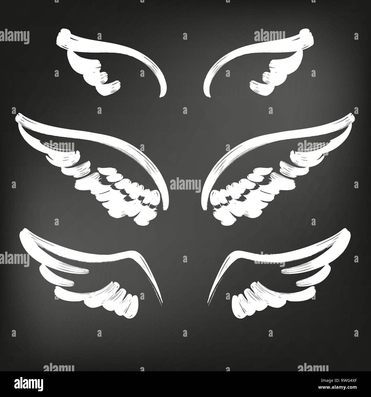 Angel Wings icona collezione sketch, ali astratta schizzo impostare l'icona Collezione disegnata cartoonhand illustrazione vettoriale sketch, disegnati in gesso su un nero Illustrazione Vettoriale
