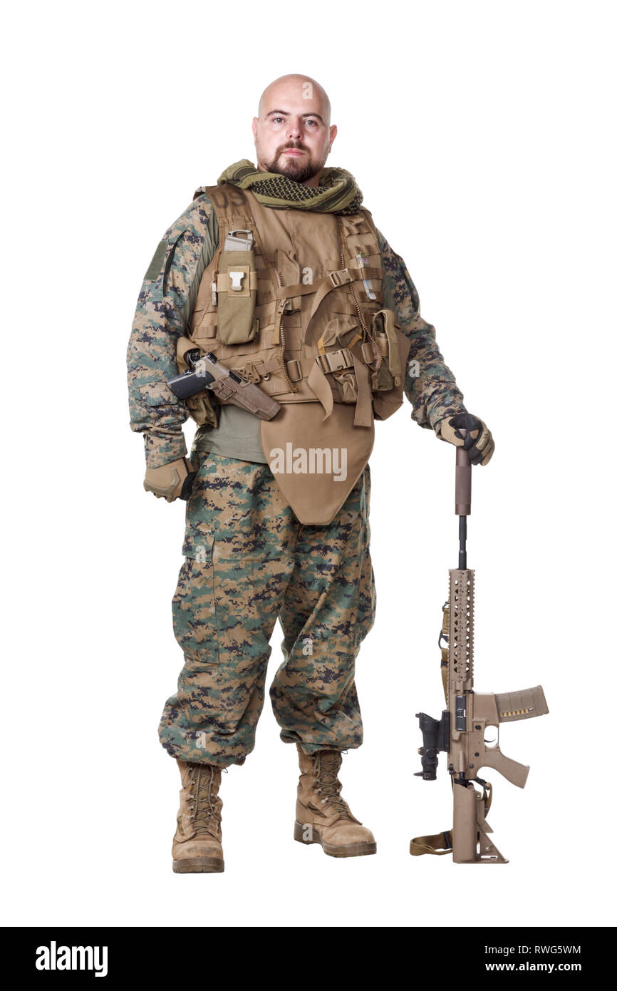 Membro Elite marksman di U.S. Marine Corps equipaggiato con un fucile. Foto Stock