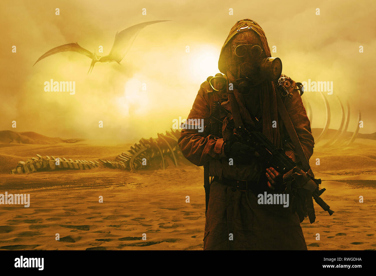 Grimy post apocalisse superstite in piedi nel settore nucleare wastelands. Foto Stock