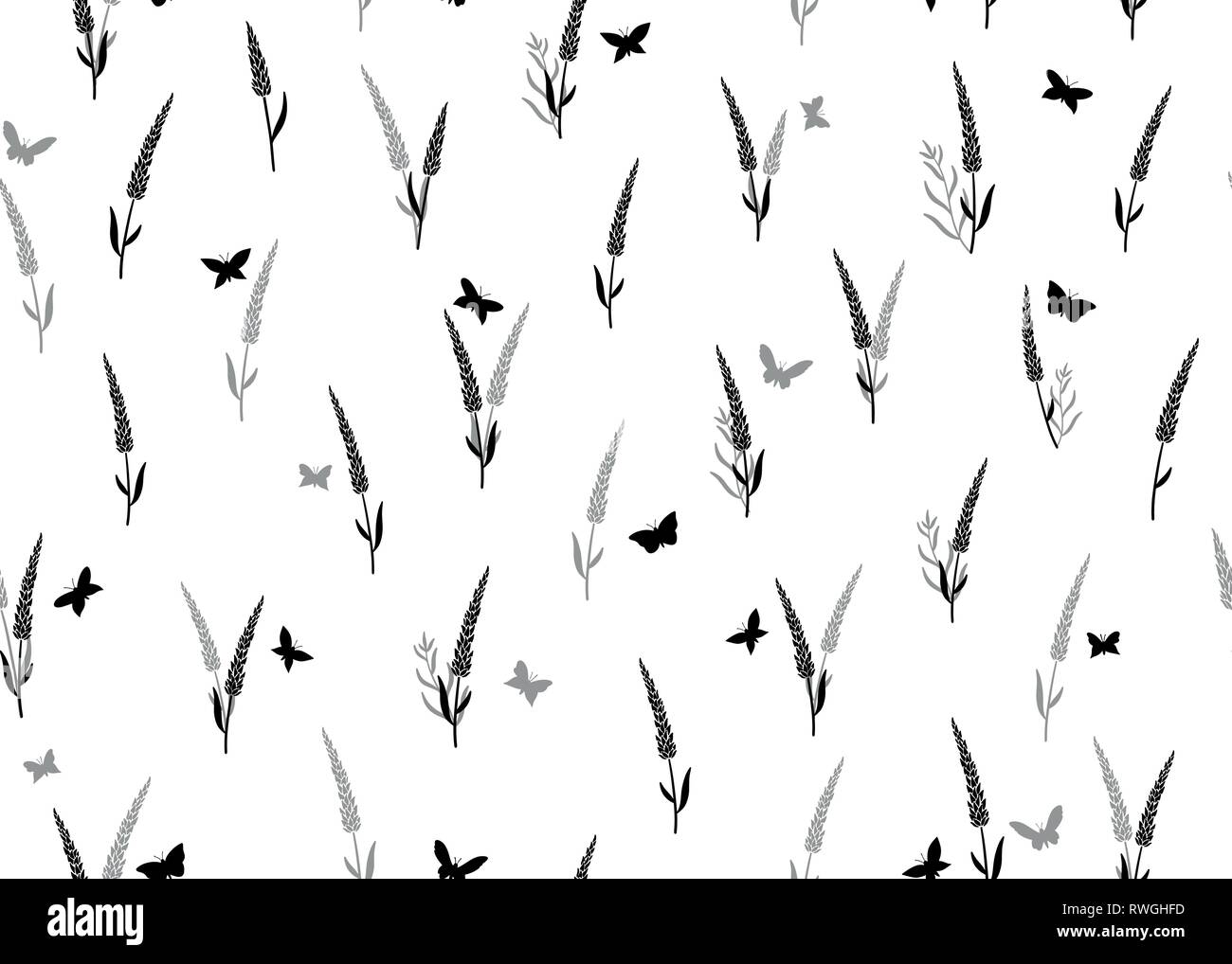 Fiori di lavanda con farfalle seamless pattern. Illustrazione Vettoriale nero su sfondo bianco. Per i tessili, web, stampa, superficie di progettazione Illustrazione Vettoriale