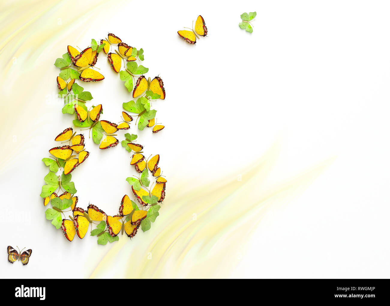 Womens giorno design, biglietto di auguri con il 8 marzo e farfalle Foto Stock