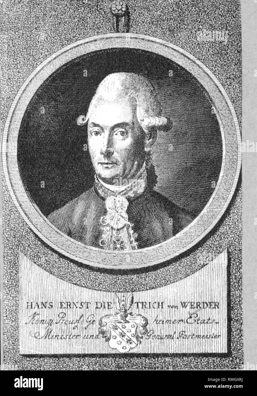 Il Werder, Hans Ernst Dietrich von, 23.9.1740 - 22.6.1800, Prussiani funzionario, ministro presso la Direzione generale 1781 - 1791, ritratto, dopo incisione su rame di Daniel Berger, circa 1785, Additional-Rights-Clearance-Info-Not-Available Foto Stock