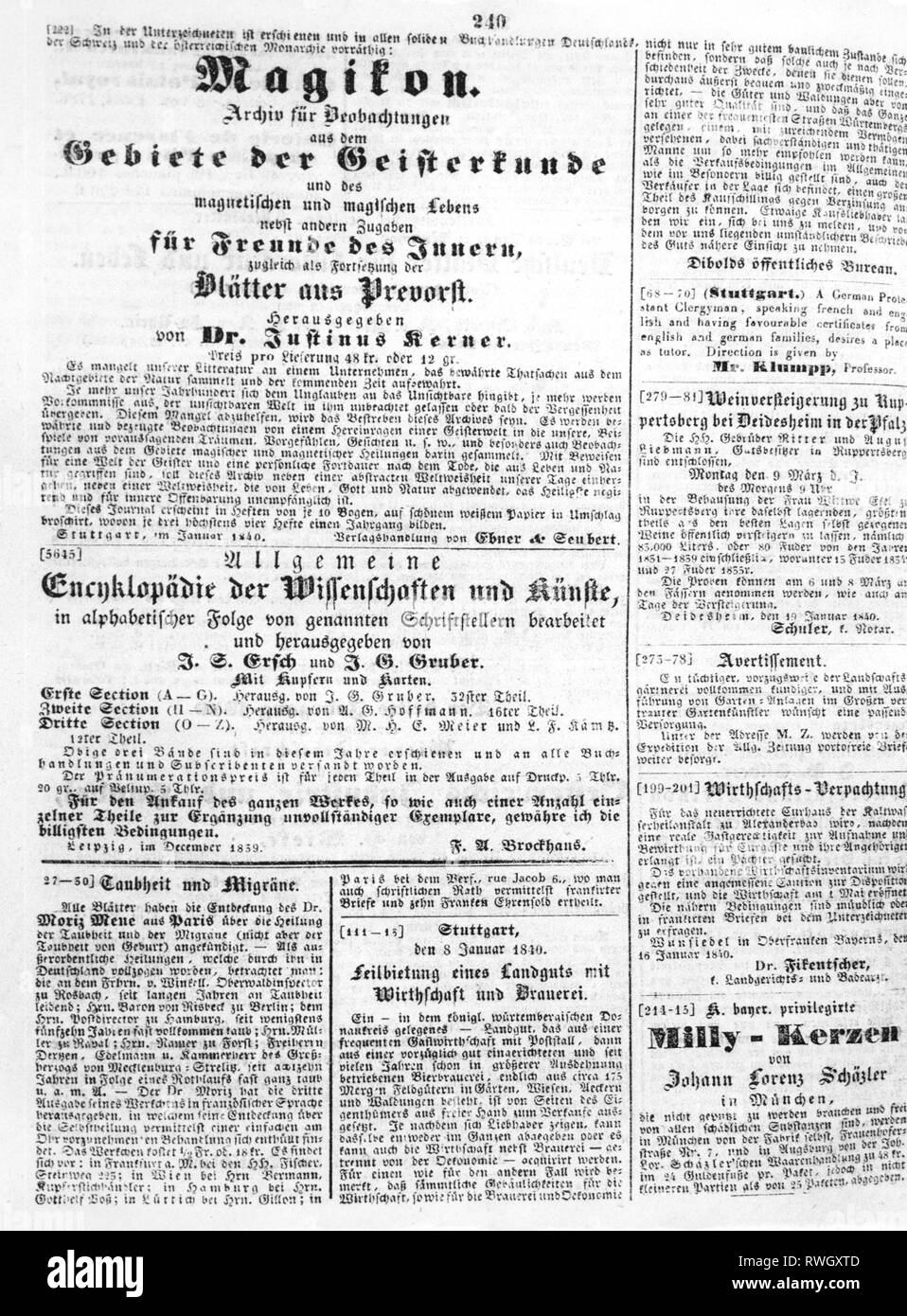 Kerner, Justinus, 18.9.1786 - 21.2.1862, tedesco medico e autore / scrittore, opere, 'Magikon', pubblicità, 1840 Additional-Rights-Clearance-Info-Not-Available Foto Stock