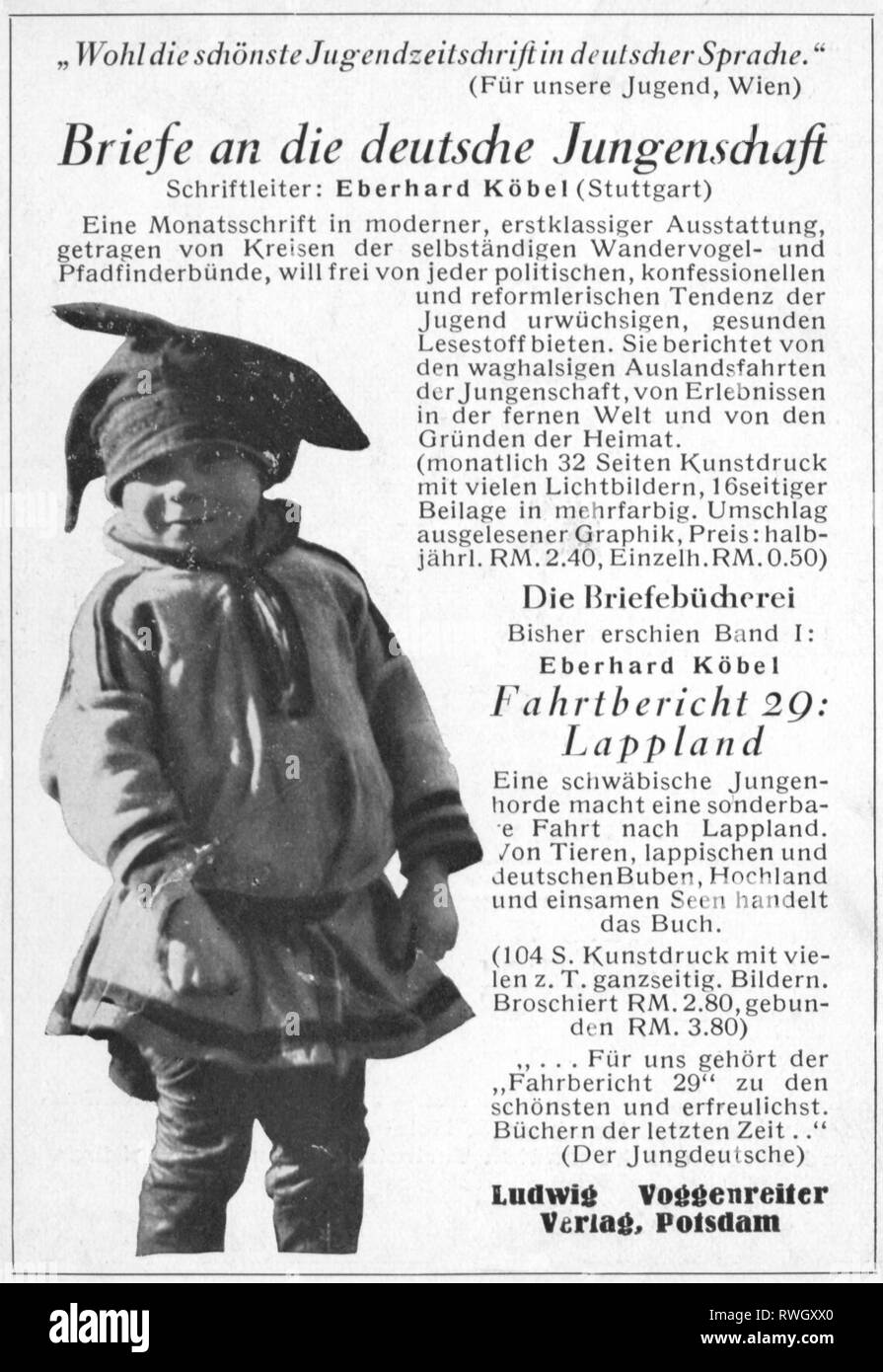 Koebel, Eberhard, 22.6.1907 - 31.8.1955, autore tedesco / scrittore, la pubblicità per la sua rivista "Briefe an die deutsche Jungenschaft' (lettere alla Deutsche Jungenschaft), 1928 - 1933, Additional-Rights-Clearance-Info-Not-Available Foto Stock