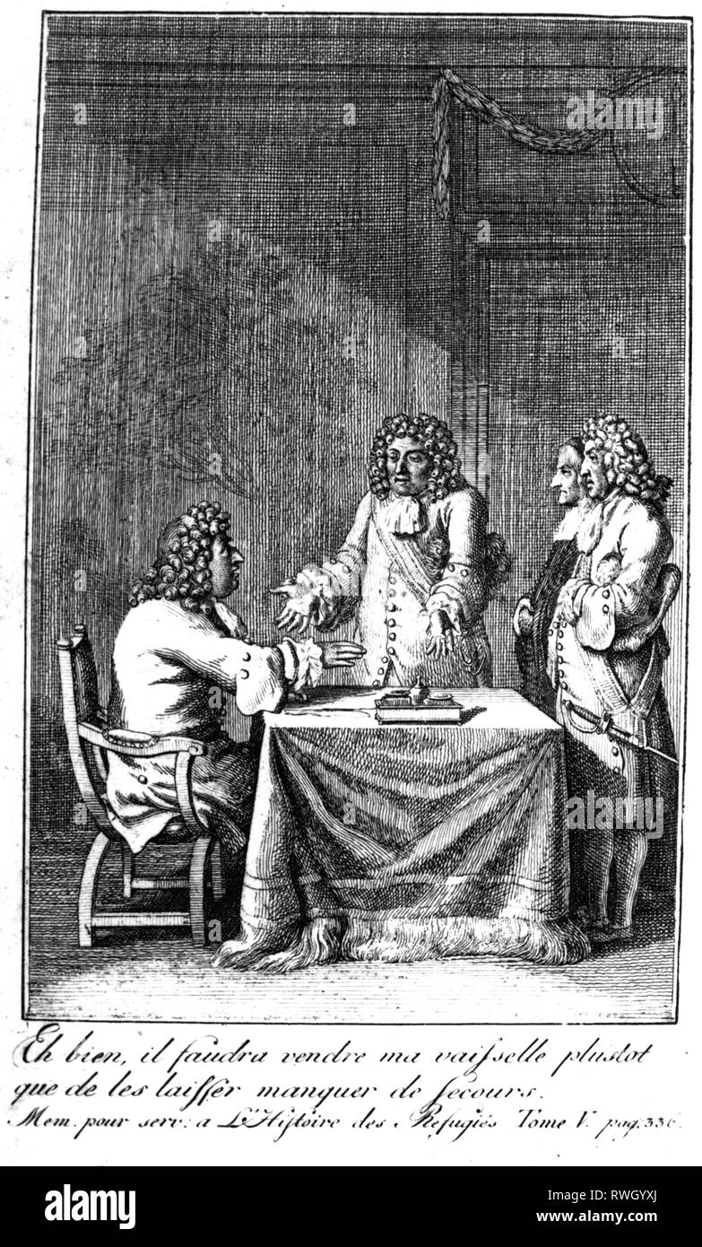 Frederick William, 16.2.1620 - 9.7.1688, il 'Grande Elettore' di Brandeburgo 1.12.1640 - 9.5.1688, mezza lunghezza, con i consulenti, dichiarando piuttosto la vendita della sua porcellana di non aiutare ugonotti, attacco, da Daniel Chodowiecki (1726 - 1801), 1785, Additional-Rights-Clearance-Info-Not-Available Foto Stock