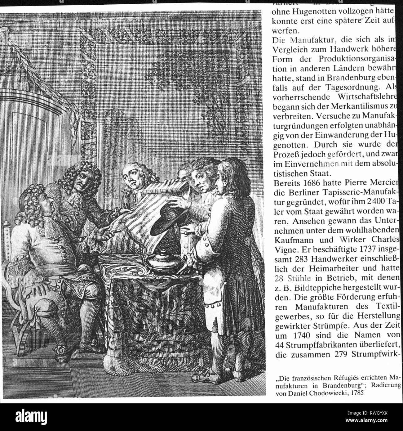 Frederick William, 16.2.1620 - 9.7.1688, il 'Grande Elettore' di Brandeburgo 1.12.1640 - 9.5.1688, mezza lunghezza, essendo presentato tessuti realizzati da immigrati huguenots, attacco, da Daniel Chodowiecki (1726 - 1801), 1785, Additional-Rights-Clearance-Info-Not-Available Foto Stock