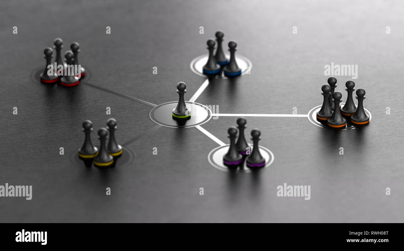 Gruppi organizzati gestiti da un leader. 3D illustrazione di pegni con diversi colori su sfondo nero. Foto Stock
