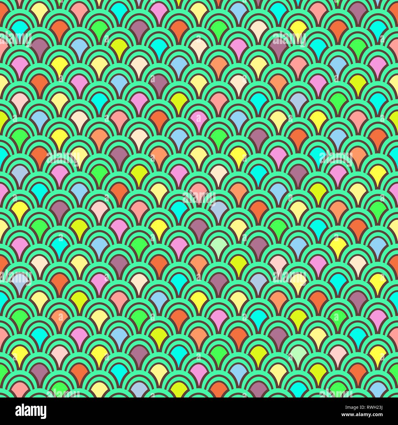 Multicolor squame di pesce seamless pattern, ornamento grafico, ornamento zoomorfi, rainbow illustrazione, sfondo vettoriale. Colorato brillante rotondo scale Illustrazione Vettoriale
