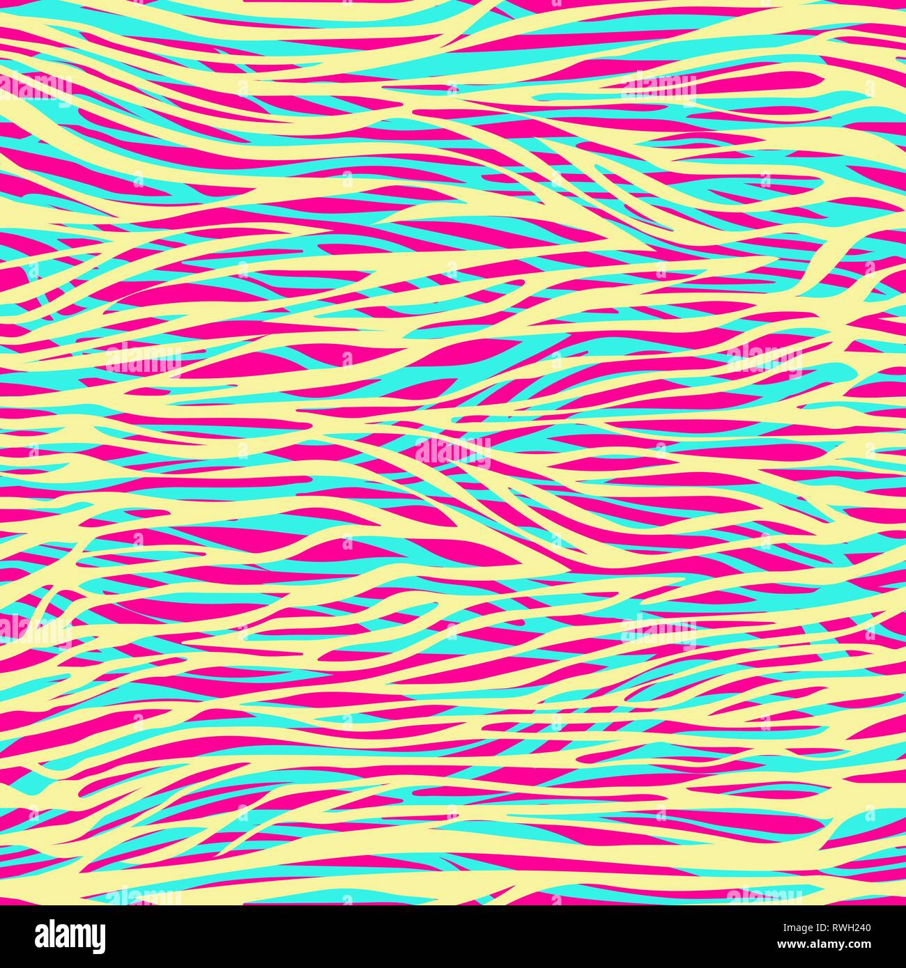 Caotica strisce irregolari astratto modello senza giunture, stampa zebra, ornamento zoomorfi e stilizzata illustrazione moderna. Colorato di giallo luminoso turchese pi Illustrazione Vettoriale