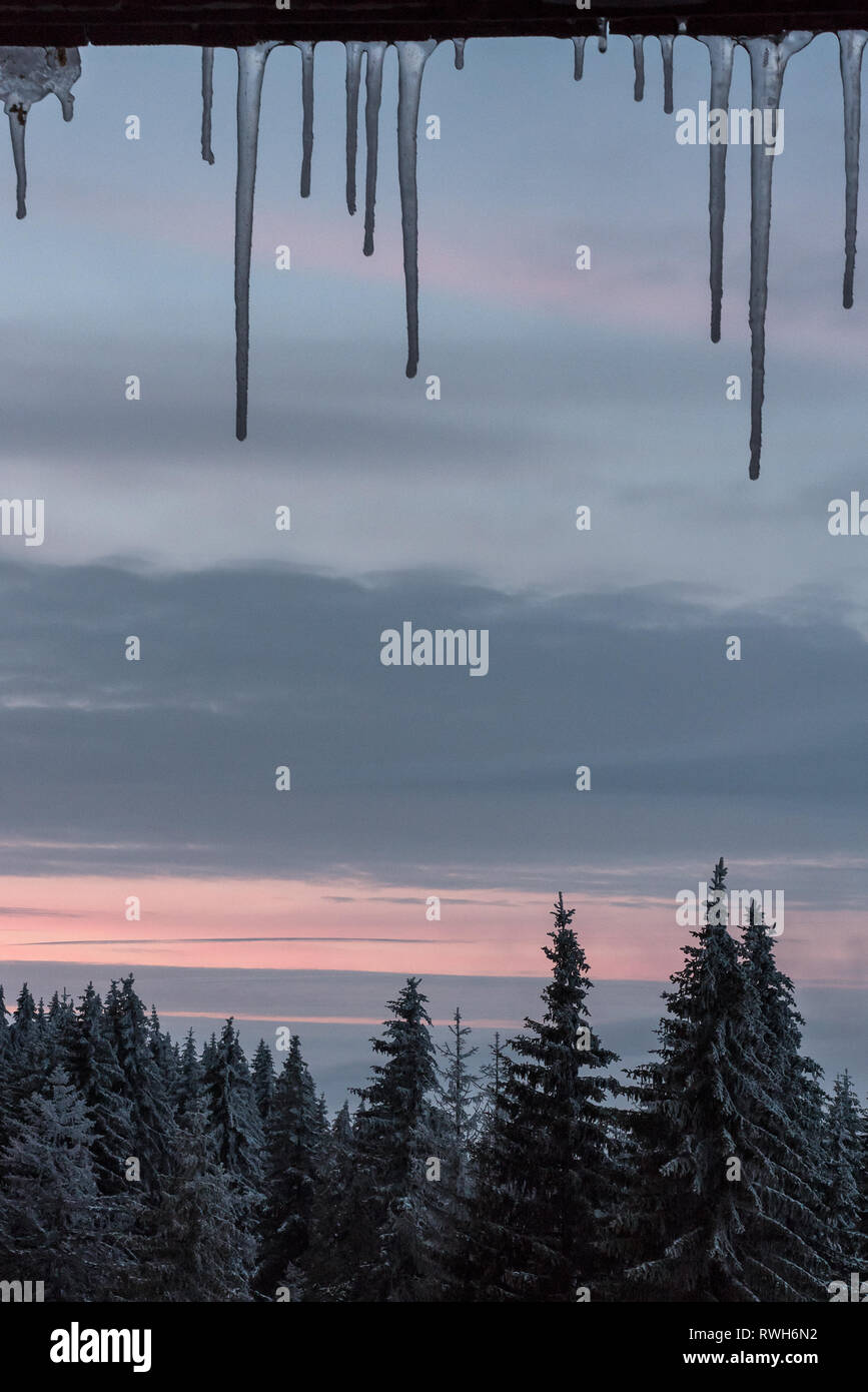 Inverno ghiaccioli su di un telaio di finestra con splendida vista di una foresta di montagna da una stazione sciistica Foto Stock
