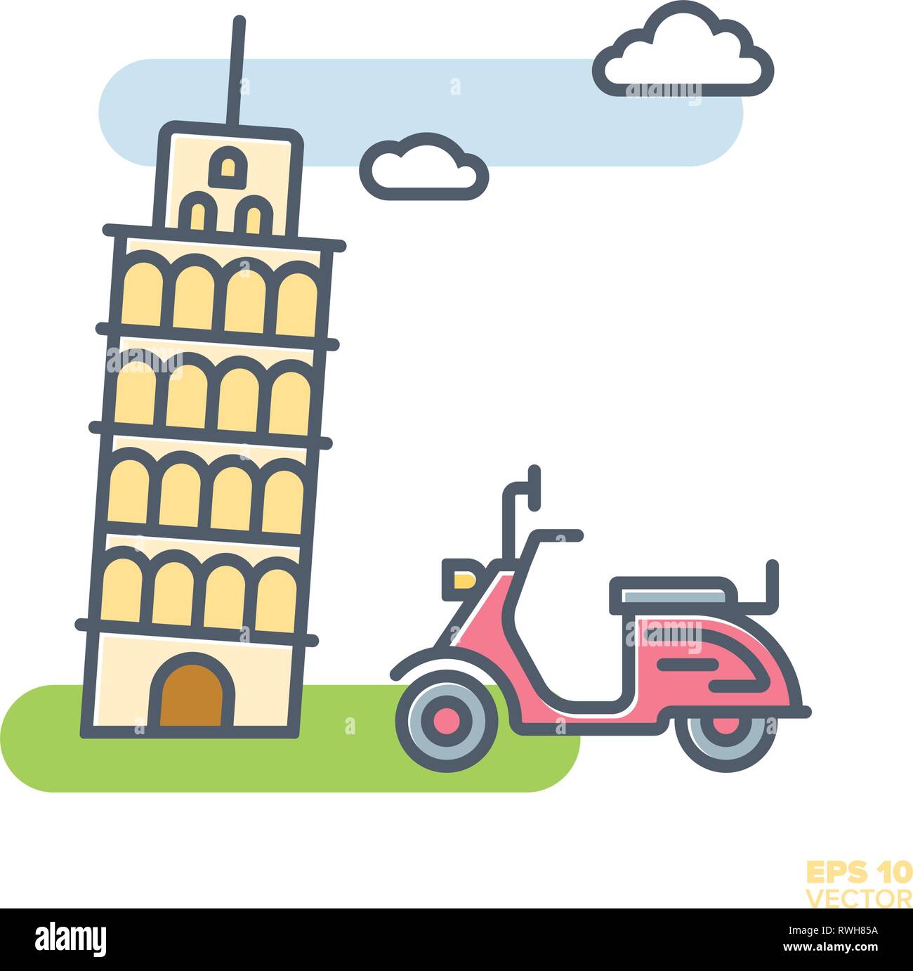 Vintage scooter rosa e la torre pendente di Pisa riempito line icona illustrazione vettoriale Illustrazione Vettoriale