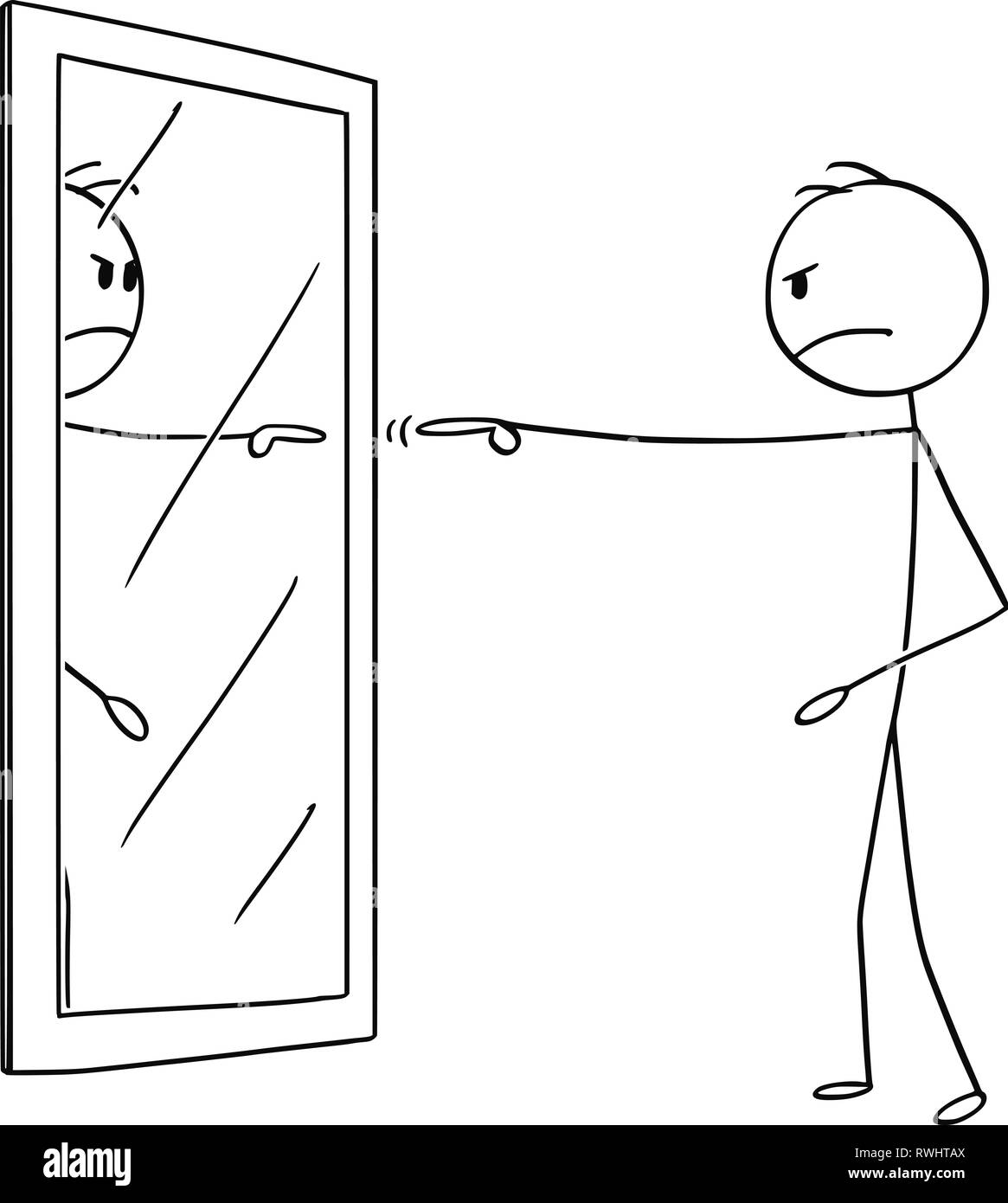 Cartoon di Angry Man incolpare te stesso in specchio Illustrazione Vettoriale