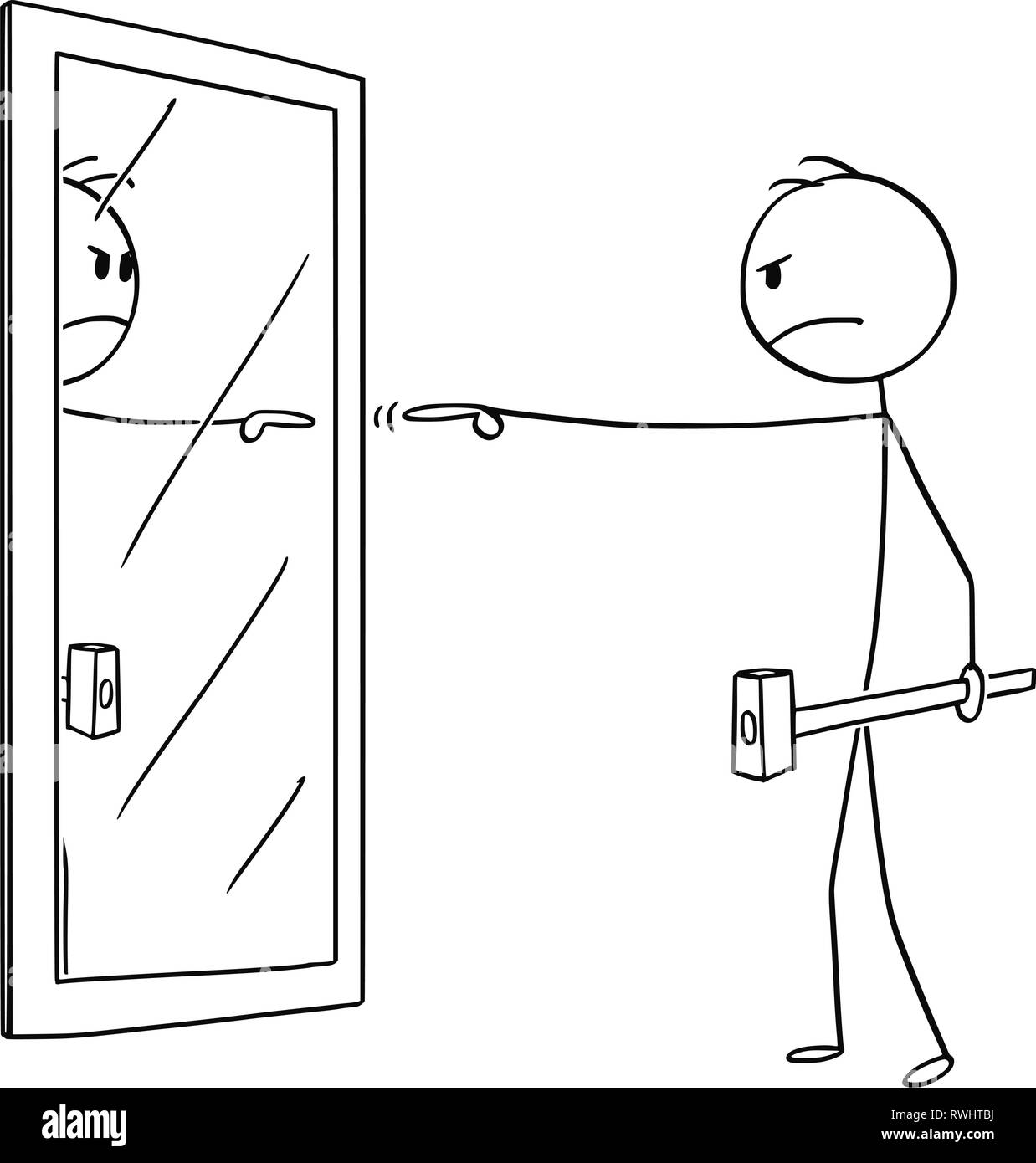 Cartoon di Angry Man con il martello incolpare te stesso in specchio Illustrazione Vettoriale