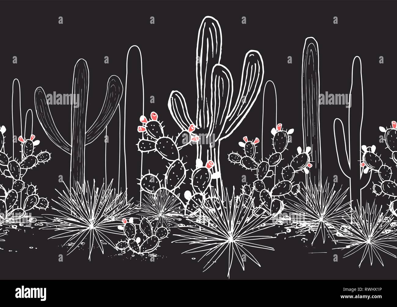 Vector seamless pattern con cactus. Wild cactus foresta messicana con agave, saguaro e fichidindia. Bianco, nero, rosa tavolozza. Illustrazione Vettoriale