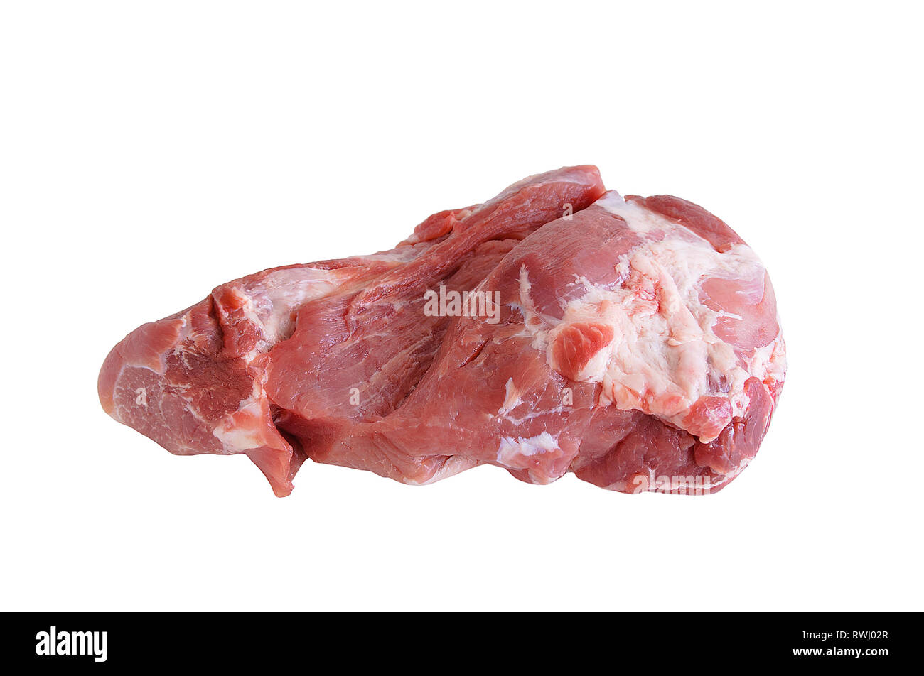 Carne di maiale cruda prosciutto. Isolare bianco. Il filetto di carne Foto Stock