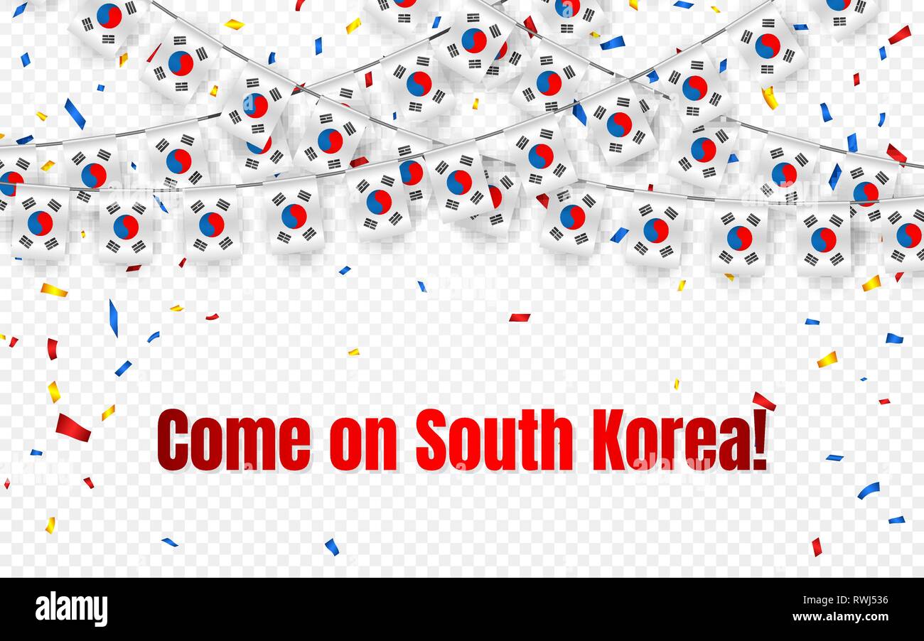 Corea del Sud garland bandiera con i confetti su sfondo trasparente, Hang bunting per celebrazione template banner, illustrazione vettoriale. Illustrazione Vettoriale