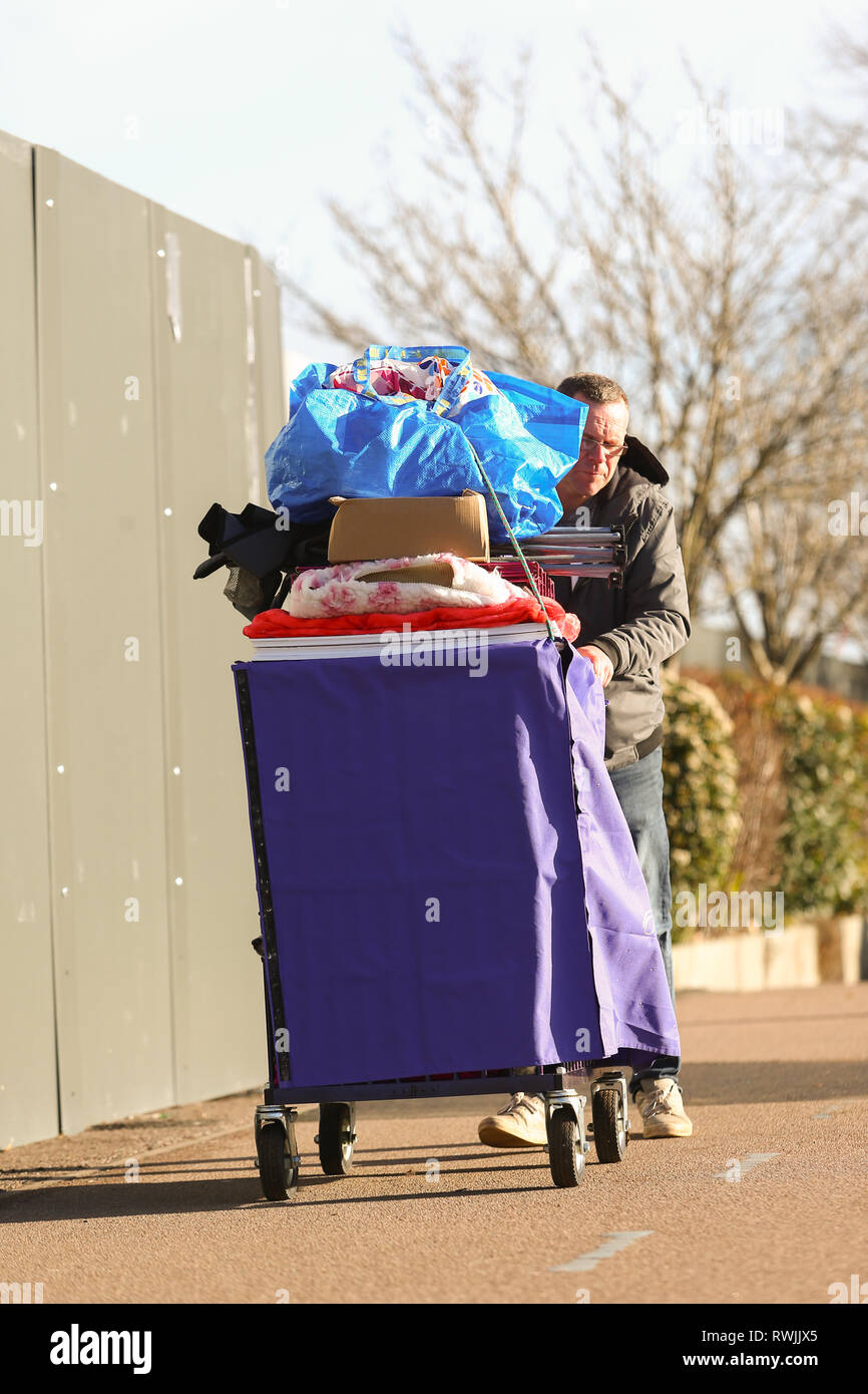 Birmingham, Regno Unito. 7 Mar, 2019. Visualizza i cani che arrivano con i loro proprietari per il primo giorno di Crufts 2019 che si terrà presso il NEC oltre quattro giorni. 27.000 i cani sono attesi per essere mostrato in quattro giorni, 220 razze diverse e con una stima di 165.000 gli amanti del cane la visita. Credito: Pietro Lopeman/Alamy Live News Foto Stock