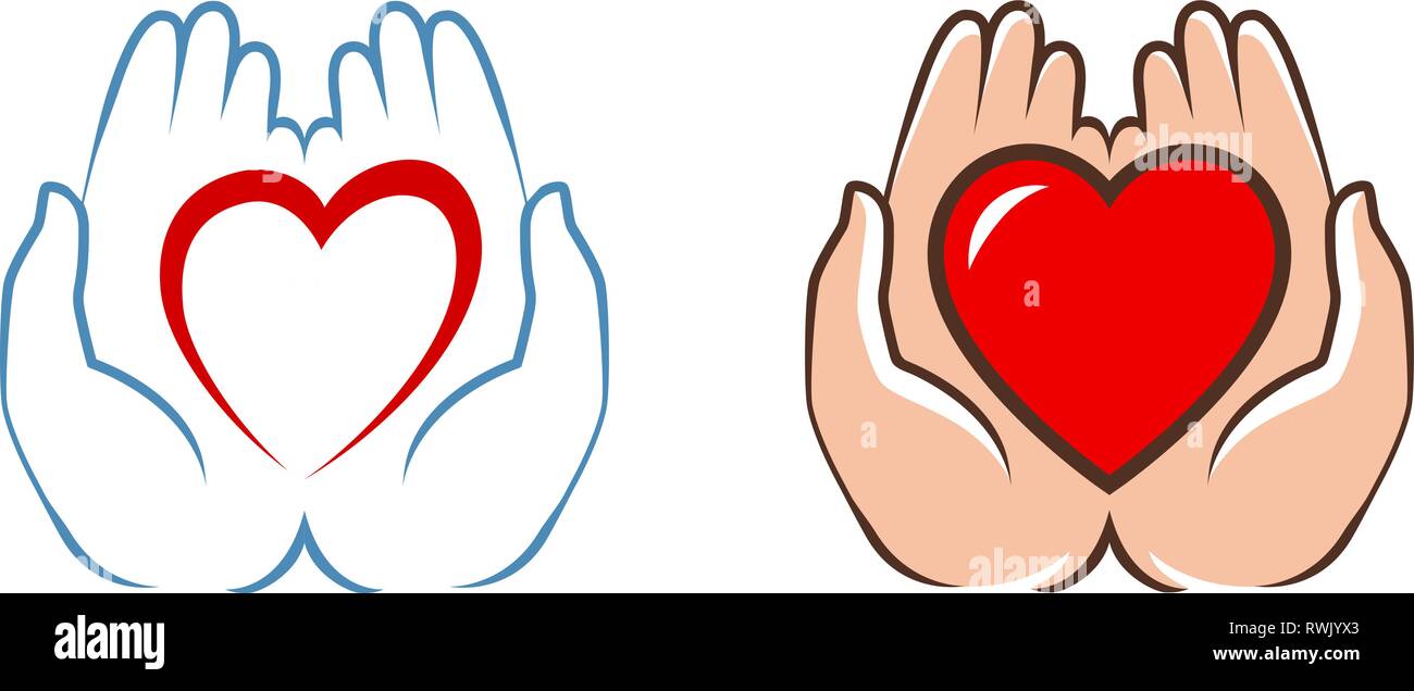 Cuore in mani logo. La carità, icona di assistenza, etichetta. Illustrazione Vettoriale Illustrazione Vettoriale