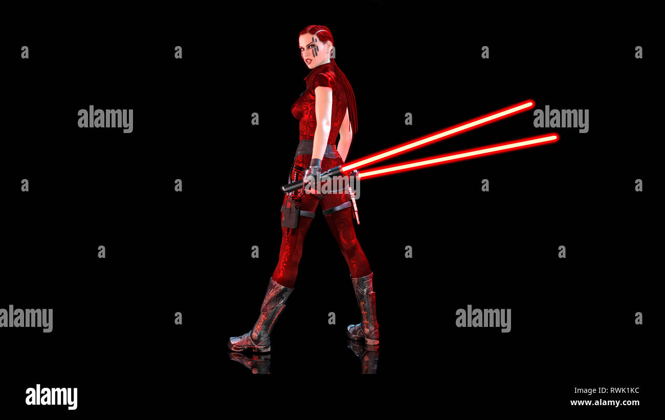 Redhead warrior ragazza con sci-fi le spade di luce, donna intrecciato con futuristici laser arma saber isolati su sfondo nero, rendering 3D Foto Stock