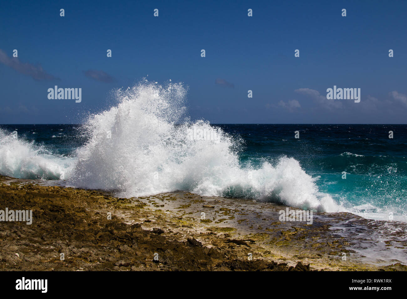 Selvatica di onde che si infrangono al ruvido litorale della costa orientale dell isola di Bonaire fuoriuscita di spruzzi ad alta contro il cielo blu Foto Stock