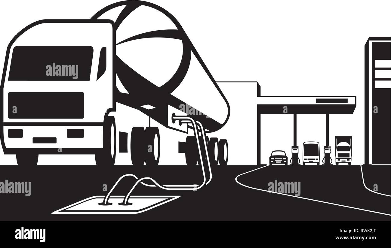Serbatoio di caricamento del carrello stazione di benzina con carburante - illustrazione vettoriale Illustrazione Vettoriale