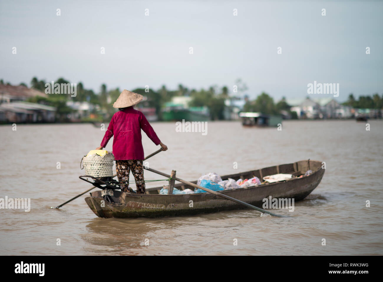 Una donna su una barca di pesce in un mercato galleggiante sul fiume Mekong in Vietnam Foto Stock