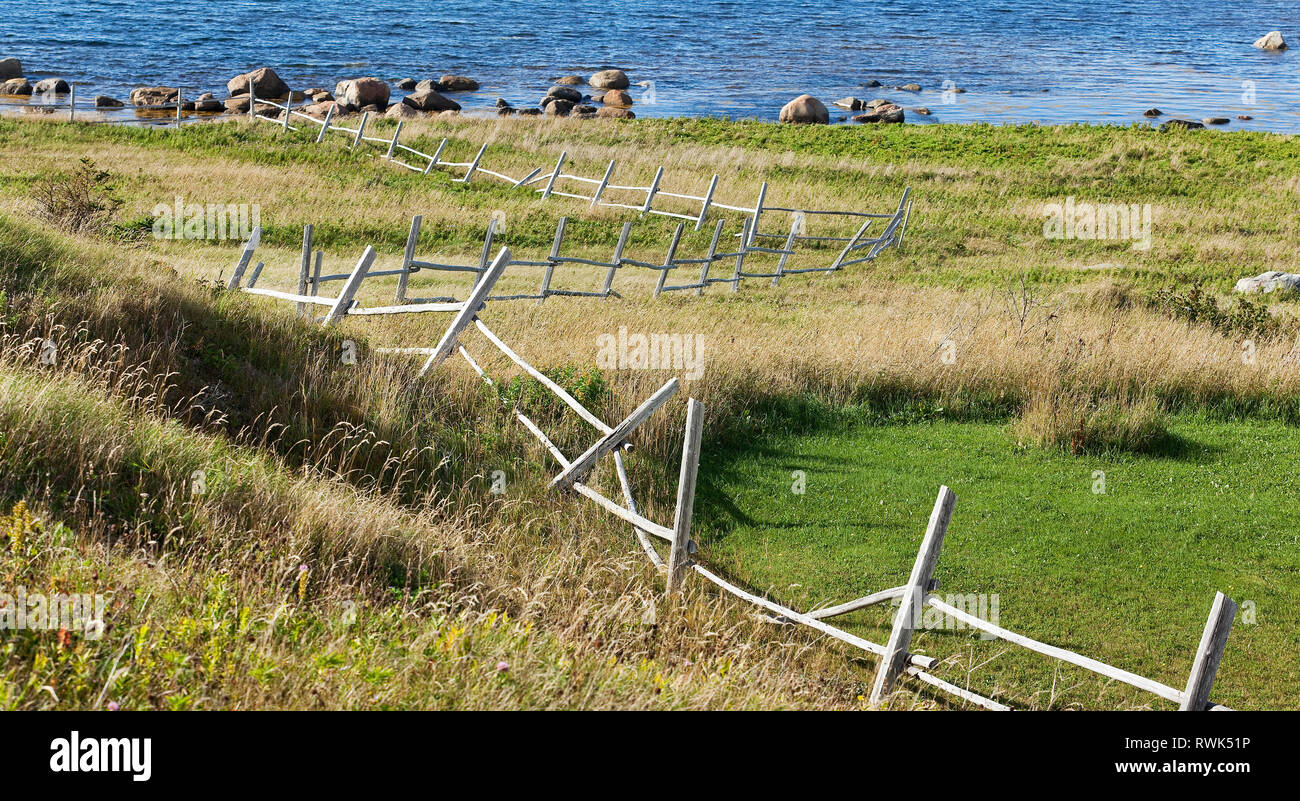 Split cancellata disposti a zig zag lungo il bordo di un pascolo di Rocky Harbour, Terranova, Canada Foto Stock