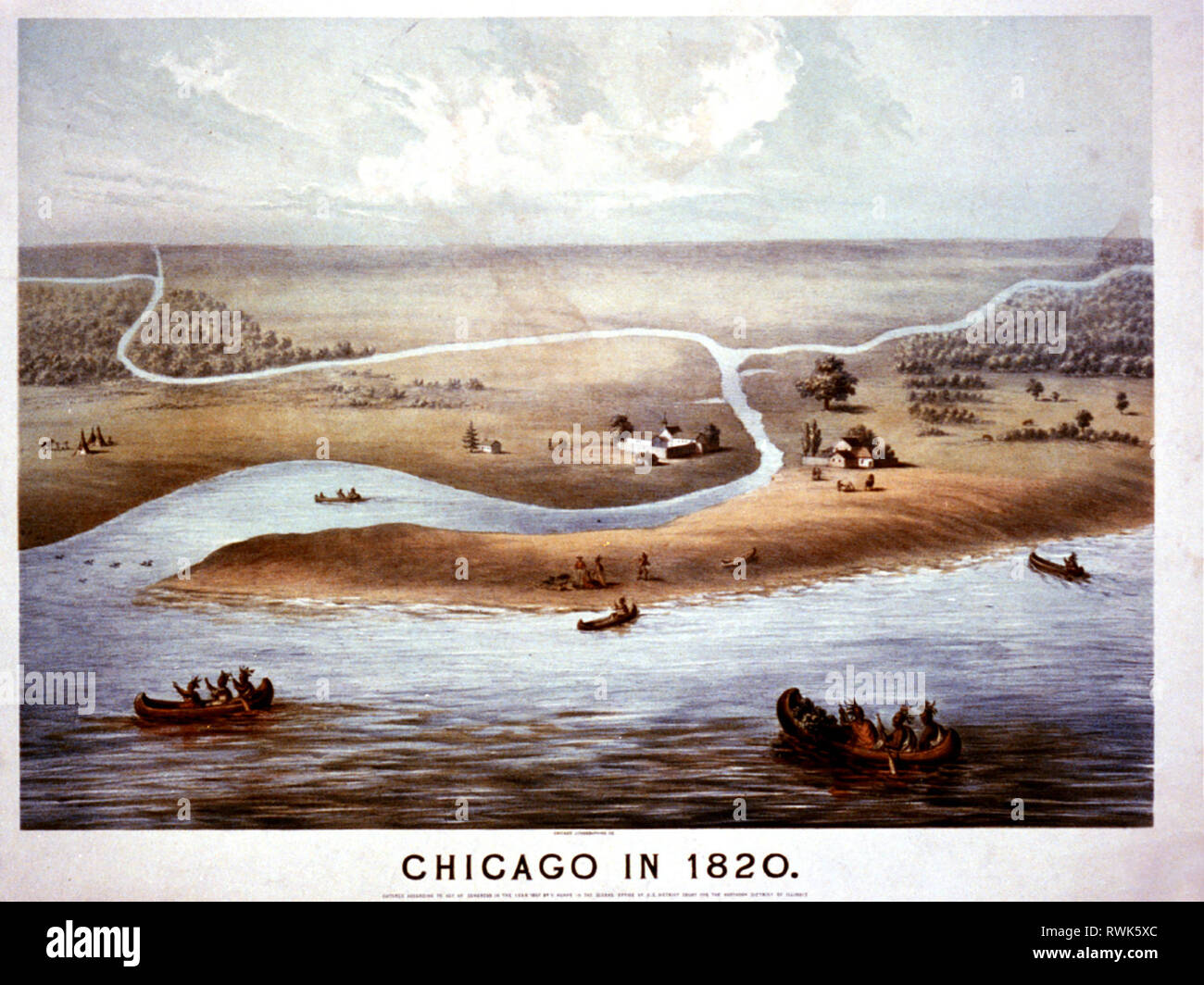 La stampa mostra i nativi americani impegnati nel commercio delle pellicce sulle rive di un fiume o lago all'insediamento di Chicago. Foto Stock