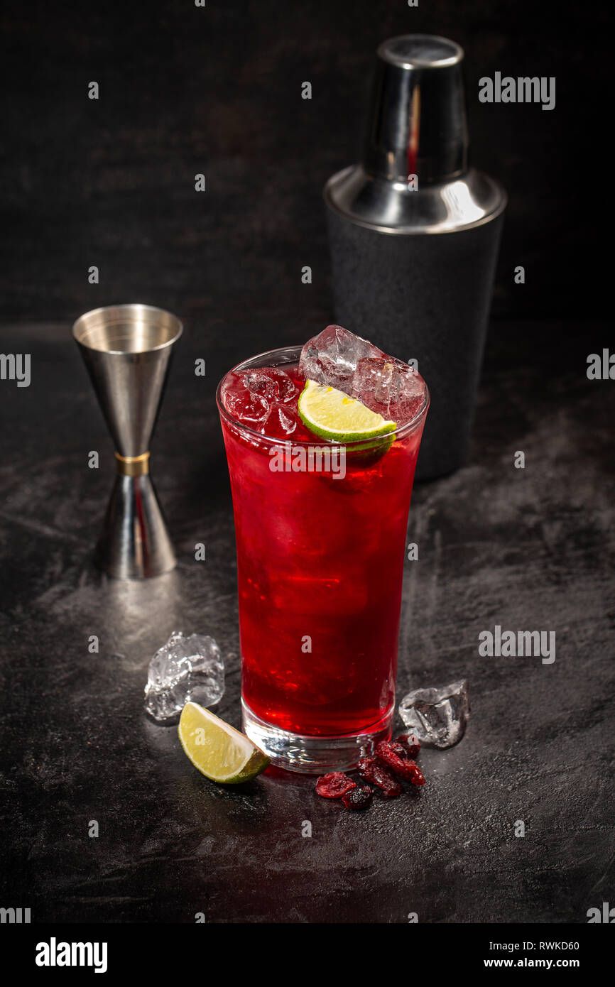 Il ristoro alcolica mirtillo rosso e la calce e cocktail con ghiaccio su sfondo nero Foto Stock