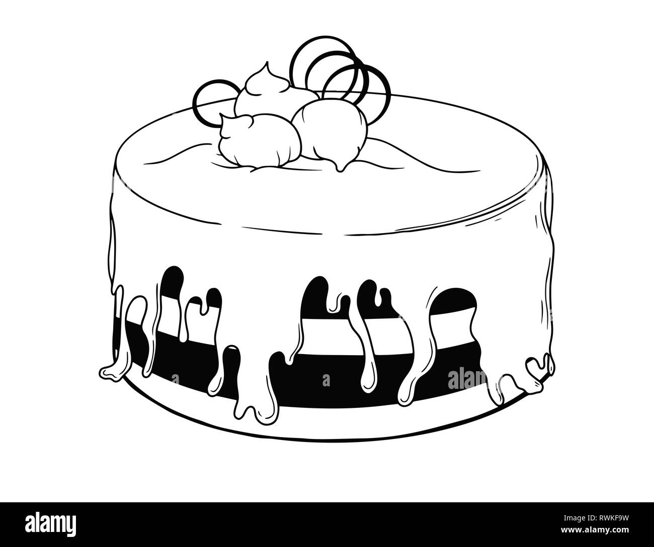 Schizzo di una torta con crema. Torta isolati su sfondo bianco. Vettore Illustrazione Vettoriale