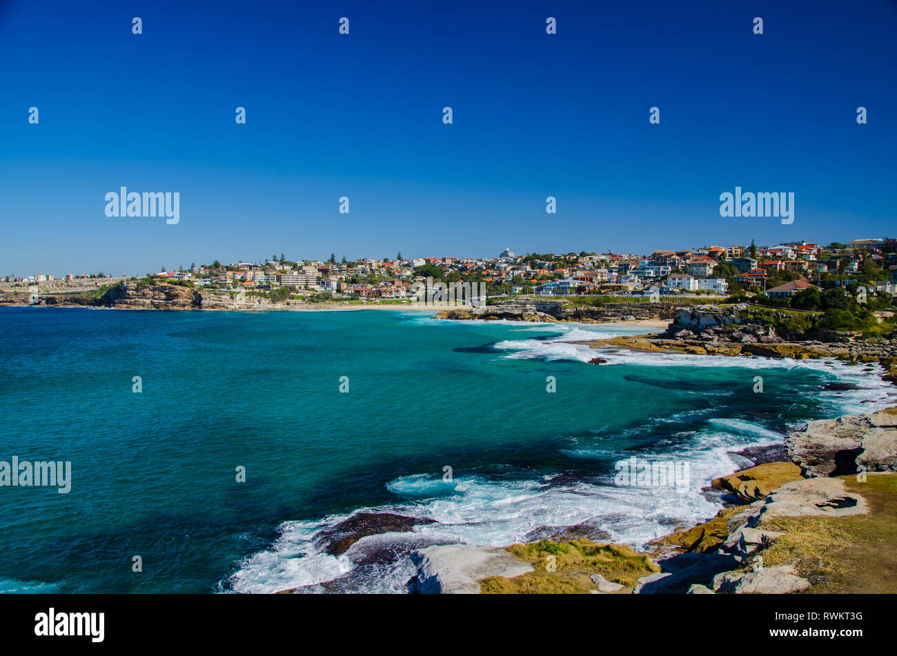 Bella pista a piedi lungo la costa da Bondi Beach a Coogee Beach. Foto Stock